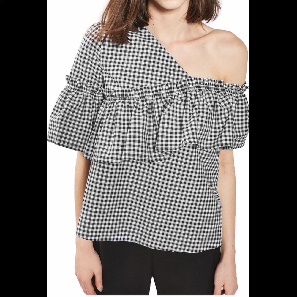 TOPSHOP Gingham Ruffle Asymmetrical Top - Picture 3 of 8